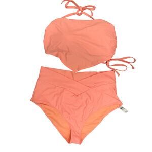 Aerie Neon Coral Crossover High Waisted Bikini Set Bandeau Tie‎ Top XXL NWT